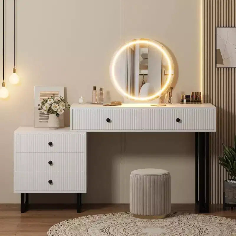 Coiffeuse avec miroir LED, 5 tiroirs, 3 couleurs de lumière, individuelle