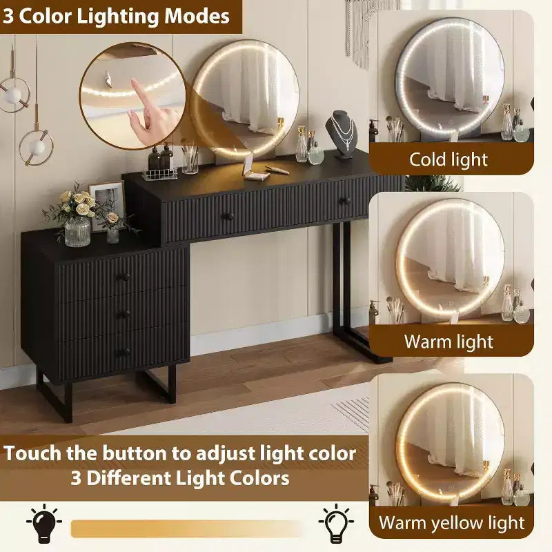 Coiffeuse avec miroir LED, 5 tiroirs, 3 couleurs de lumière, individuelle