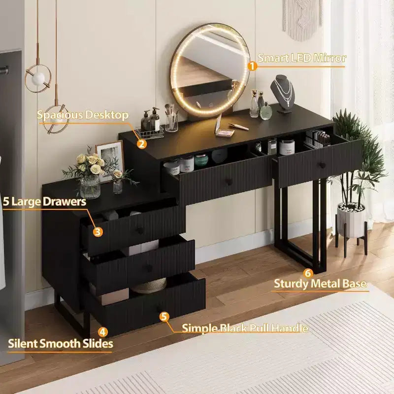 Vanity Desk with LED Mirror, 5 Drawers, 3-Color Lights, Single