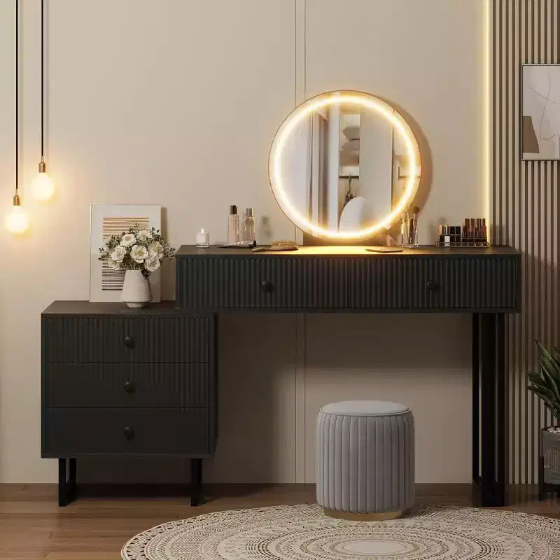 Vanity Desk with LED Mirror, 5 Drawers, 3-Color Lights, Single
