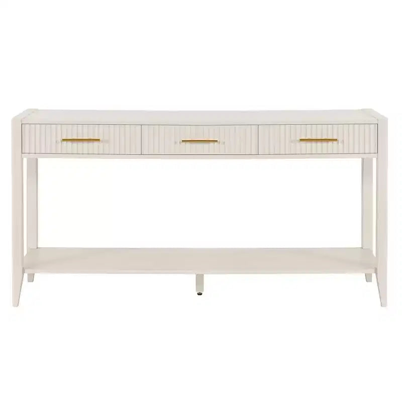 Console de 152 cm avec 3 tiroirs et étagère de rangement, beige/noir/bleu, montage par 1 personne