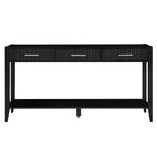 Console de 152 cm avec 3 tiroirs et étagère de rangement, beige/noir/bleu, montage par 1 personne