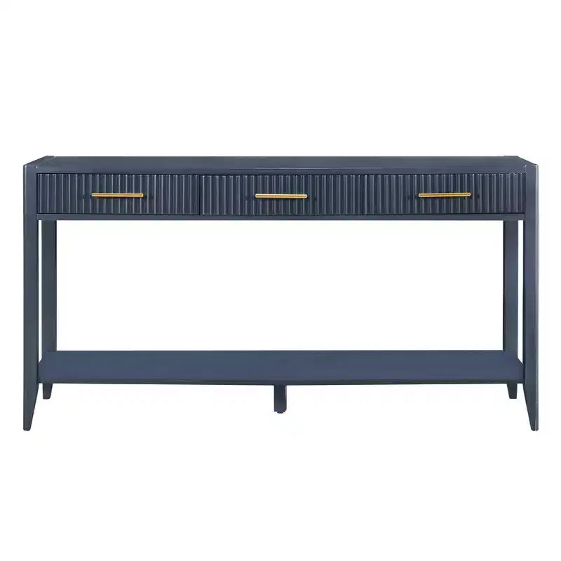 Console de 152 cm avec 3 tiroirs et étagère de rangement, beige/noir/bleu, montage par 1 personne