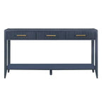 Console de 152 cm avec 3 tiroirs et étagère de rangement, beige/noir/bleu, montage par 1 personne
