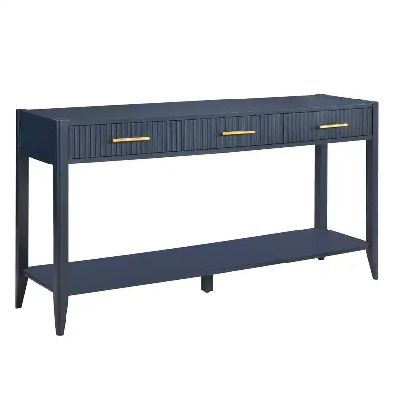 Console de 152 cm avec 3 tiroirs et étagère de rangement, beige/noir/bleu, montage par 1 personne