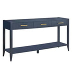 Console de 152 cm avec 3 tiroirs et étagère de rangement, beige/noir/bleu, montage par 1 personne