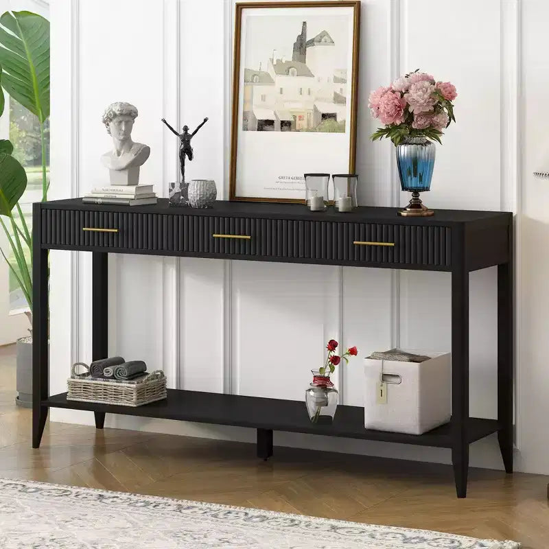 Console de 152 cm avec 3 tiroirs et étagère de rangement, beige/noir/bleu, montage par 1 personne
