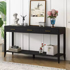 Console de 152 cm avec 3 tiroirs et étagère de rangement, beige/noir/bleu, montage par 1 personne