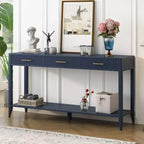 Console de 152 cm avec 3 tiroirs et étagère de rangement, beige/noir/bleu, montage par 1 personne