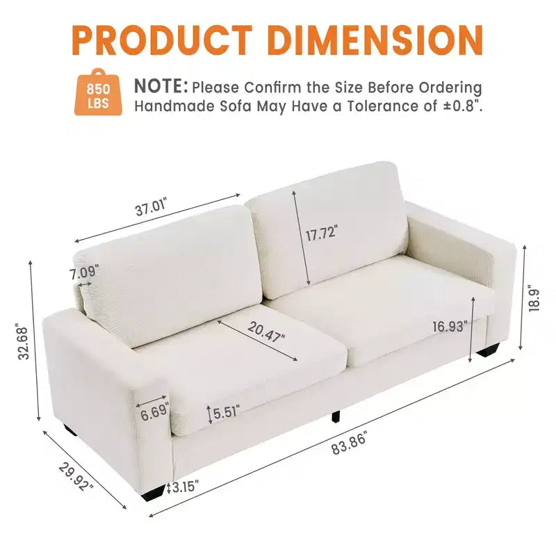 Canapé 3 places en velours côtelé beige, accoudoirs larges et assise profonde, 211 cm