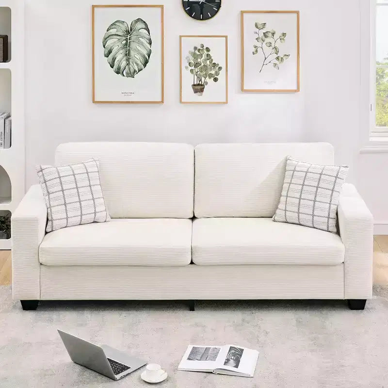 Canapé 3 places en velours côtelé beige, accoudoirs larges et assise profonde, 211 cm