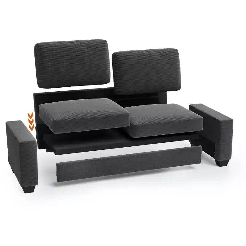 Canapé 3 places en velours côtelé beige, accoudoirs larges et assise profonde, 211 cm