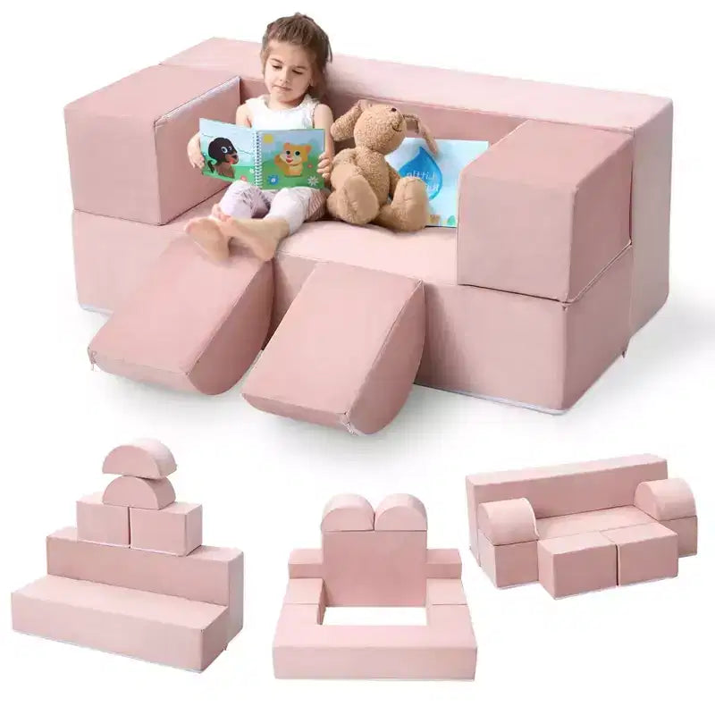 Canapé de jeu modulaire 6 pièces, bleu foncé / gris foncé / rose, canapé en mousse convertible, 2 places