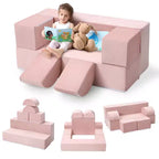 Canapé de jeu modulaire 6 pièces, bleu foncé / gris foncé / rose, canapé en mousse convertible, 2 places