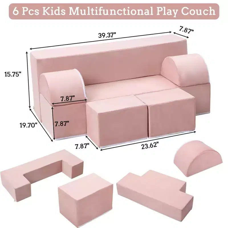 Canapé de jeu modulaire 6 pièces, bleu foncé / gris foncé / rose, canapé en mousse convertible, 2 places