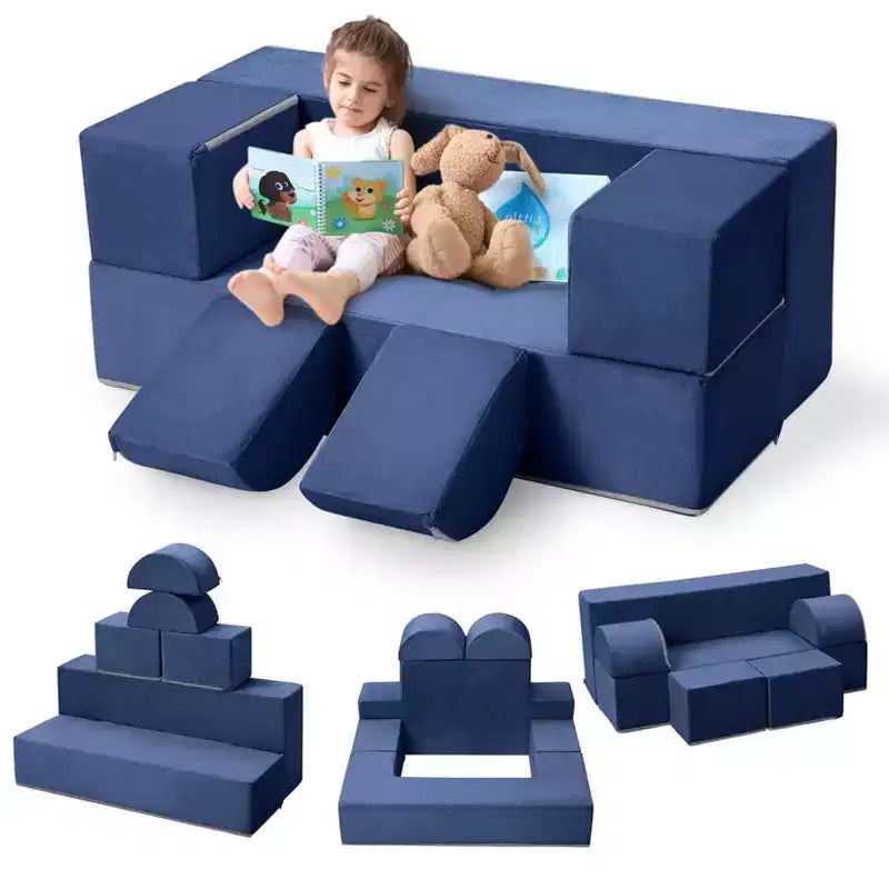 Canapé de jeu modulaire 6 pièces, bleu foncé / gris foncé / rose, canapé en mousse convertible, 2 places