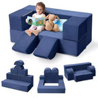Canapé de jeu modulaire 6 pièces, bleu foncé / gris foncé / rose, canapé en mousse convertible, 2 places
