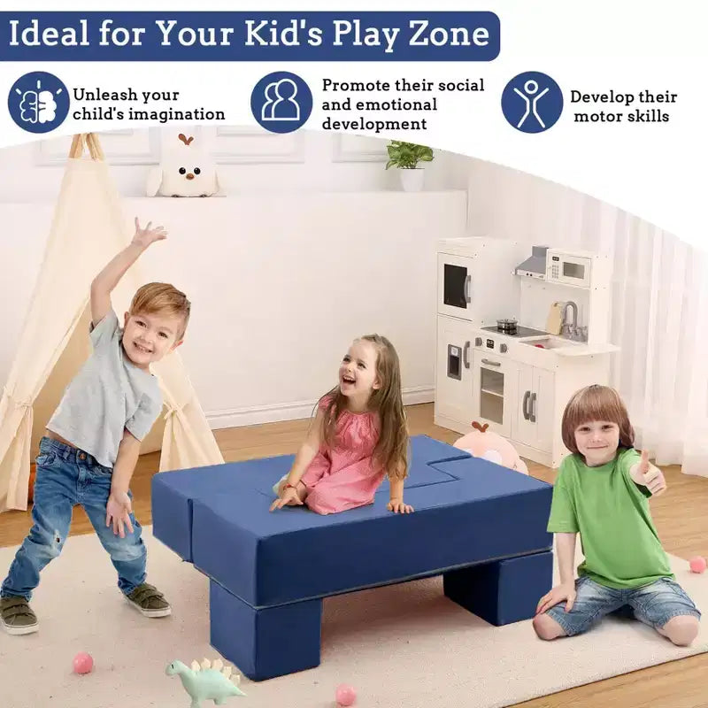 6-Piece Modular Play Couch, Dark Blue / Dark Gray / Pink, Convertible Foam Sofa, Seats 2
