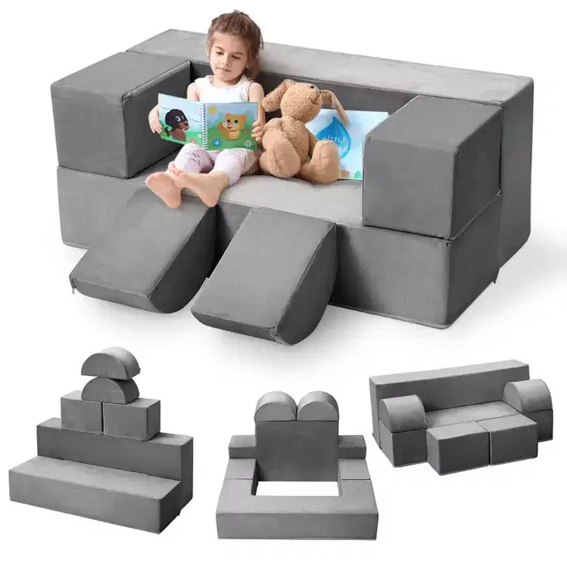 Canapé de jeu modulaire 6 pièces, bleu foncé / gris foncé / rose, canapé en mousse convertible, 2 places