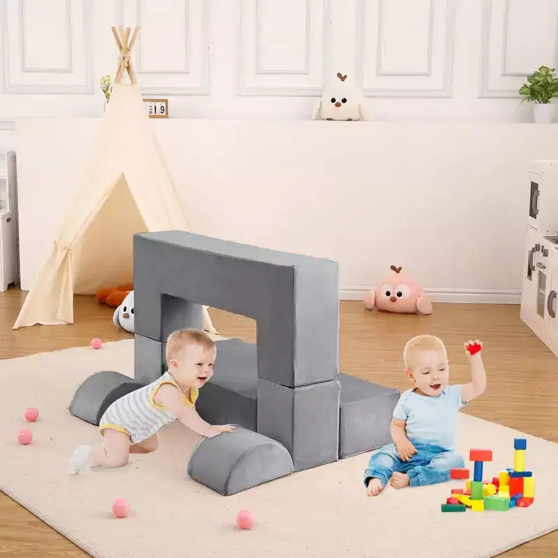6-Piece Modular Play Couch, Dark Blue / Dark Gray / Pink, Convertible Foam Sofa, Seats 2