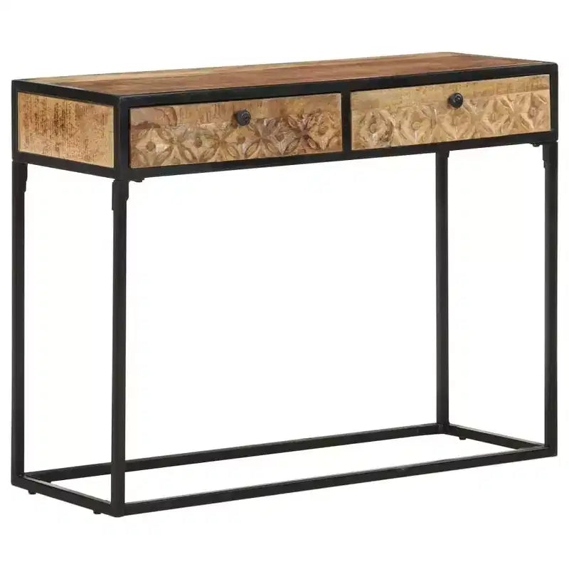 Table console en bois de manguier massif 100 x 35 x 75 cm – Tiroirs sculptés à la main et cadre en acier