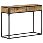 Table console en bois de manguier massif 100 x 35 x 75 cm – Tiroirs sculptés à la main et cadre en acier