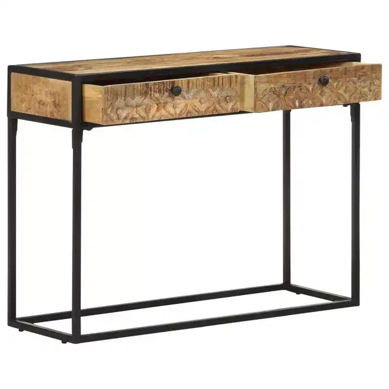 Solid Mango Wood Console Table 39.4x13.8x29.5" – Hand-Carved Drawers & Steel Frame