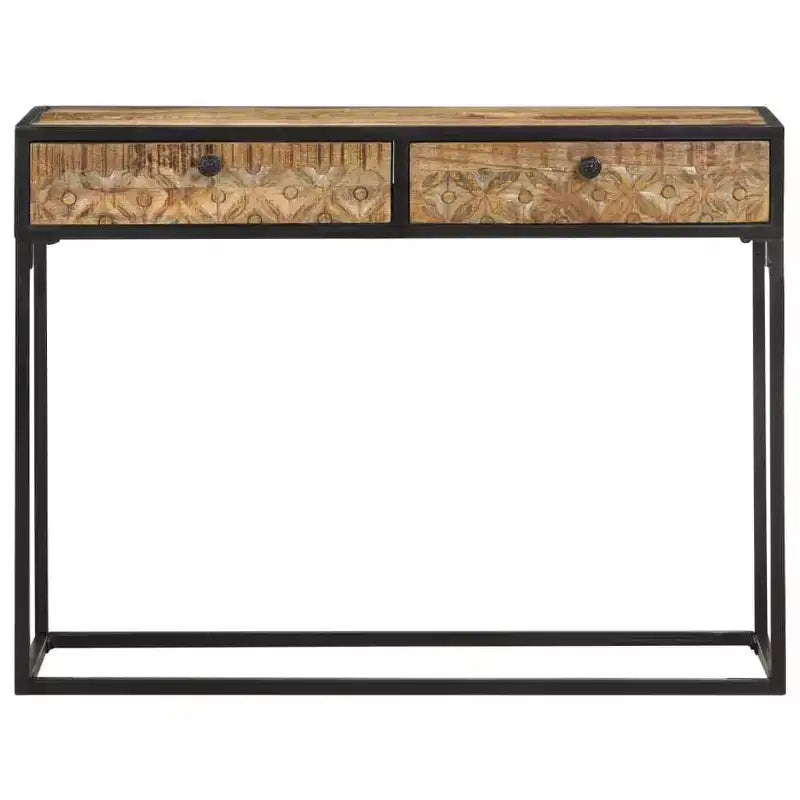 Table console en bois de manguier massif 100 x 35 x 75 cm – Tiroirs sculptés à la main et cadre en acier