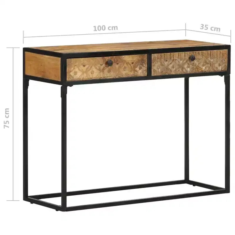 Table console en bois de manguier massif 100 x 35 x 75 cm – Tiroirs sculptés à la main et cadre en acier