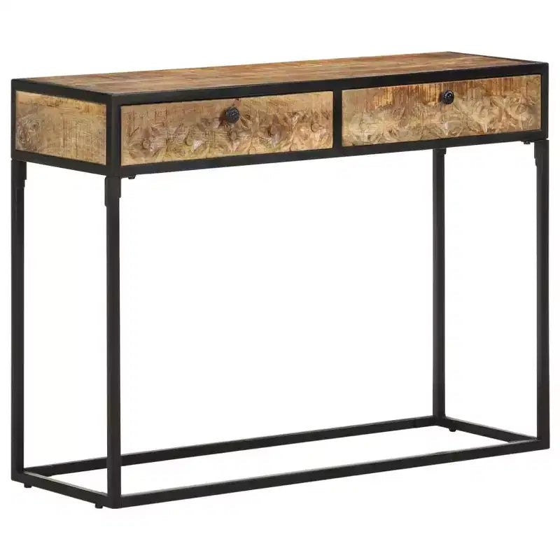 Table console en bois de manguier massif 100 x 35 x 75 cm – Tiroirs sculptés à la main et cadre en acier