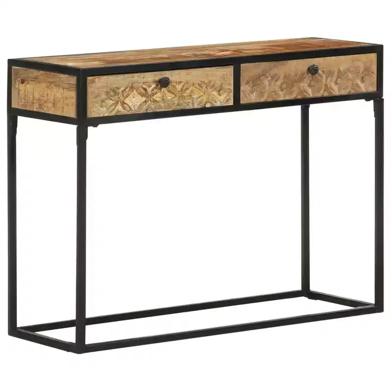 Table console en bois de manguier massif 100 x 35 x 75 cm – Tiroirs sculptés à la main et cadre en acier