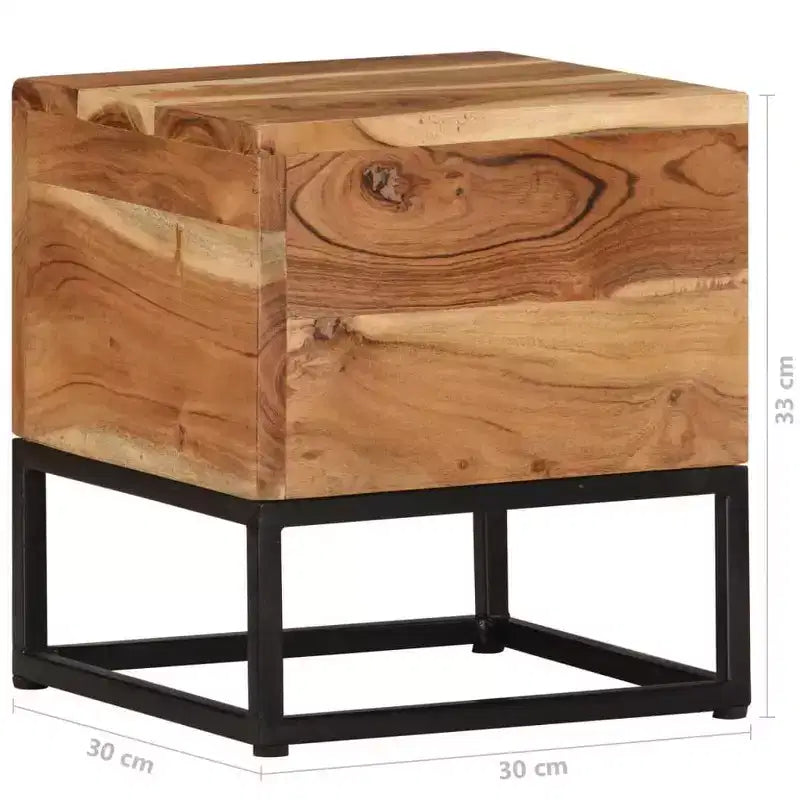 Solid Acacia Wood Side Table 11.8x11.8x13" – Natural Grain, Black Iron Base