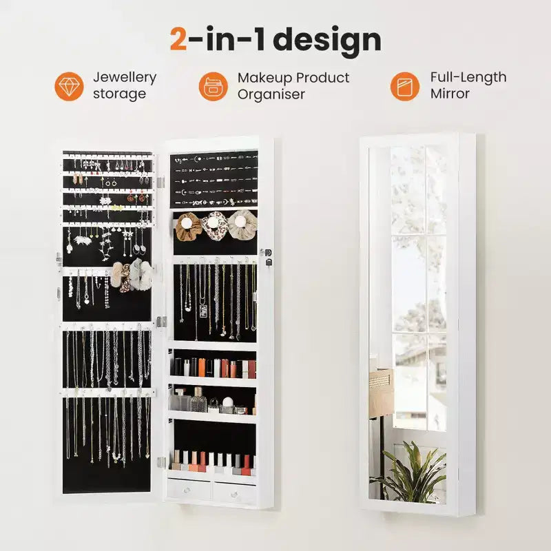 47.2" Wall-Mounted Jewelry Armoire with 6 LED Lights, Full Mirror & Lockable Cabinet