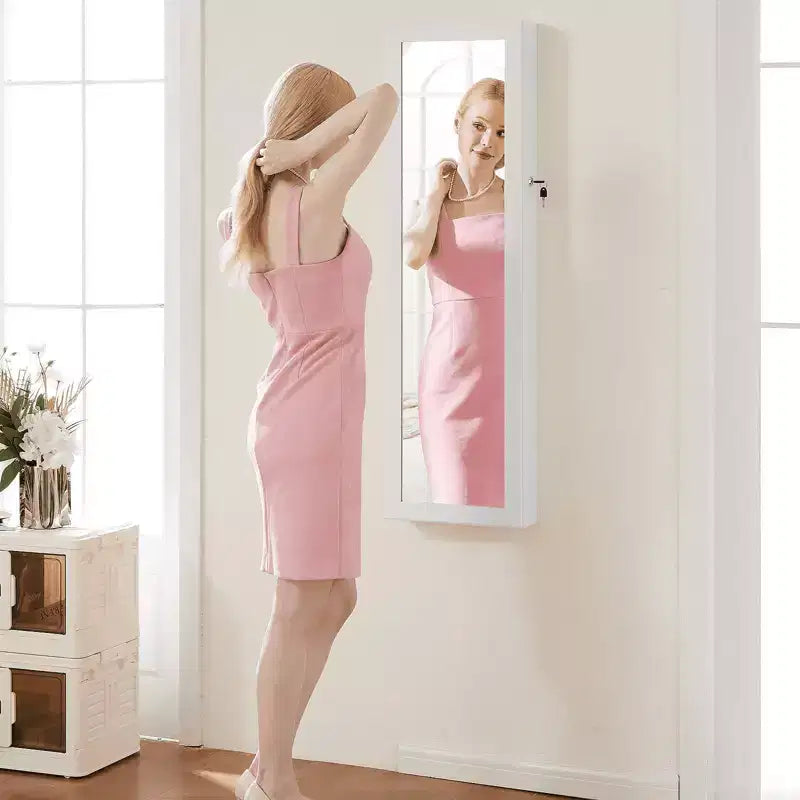 47.2" Wall-Mounted Jewelry Armoire with 6 LED Lights, Full Mirror & Lockable Cabinet