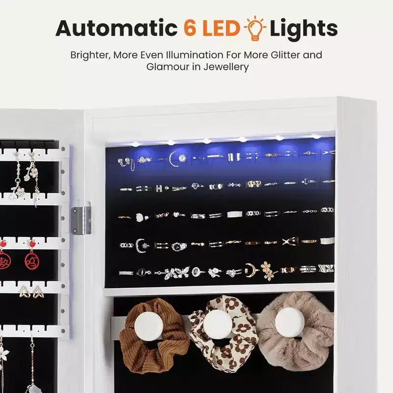 47.2" Wall-Mounted Jewelry Armoire with 6 LED Lights, Full Mirror & Lockable Cabinet