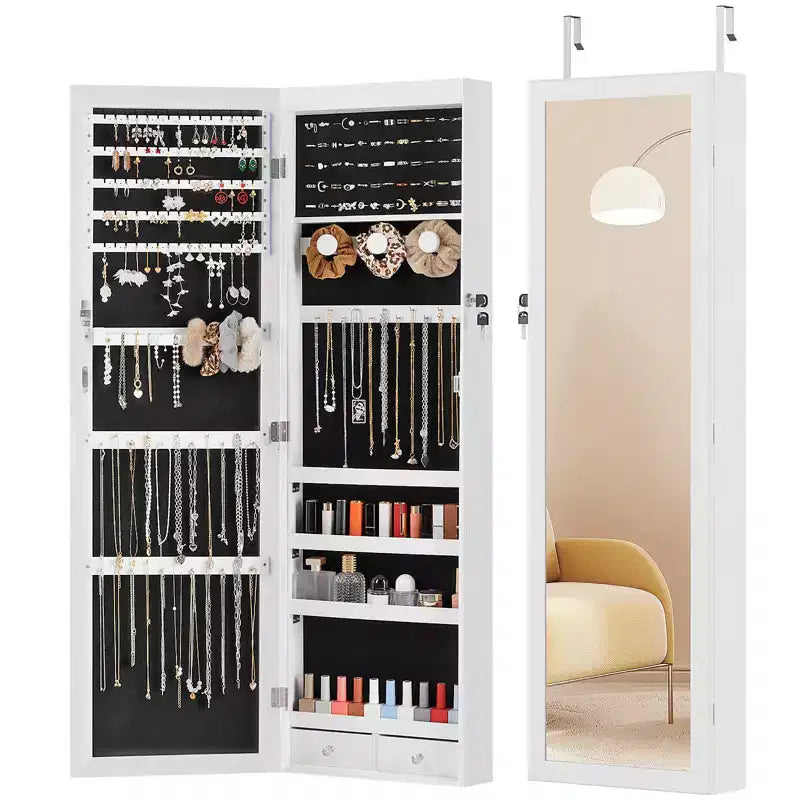 Armoire à bijoux murale de 47,2" avec 6 lumières LED, miroir pleine longueur et armoire verrouillable