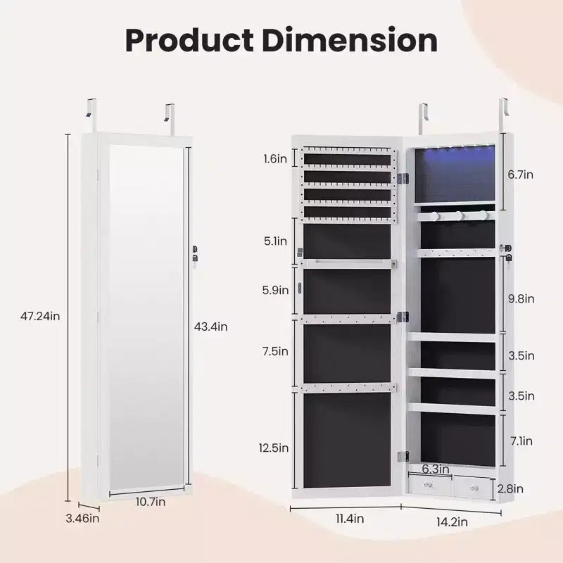 Armoire à bijoux murale de 47,2" avec 6 lumières LED, miroir pleine longueur et armoire verrouillable