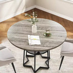 Table à manger piètement boucle en fer noir, 4 places, plateau marron/gris