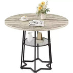 Table à manger piètement boucle en fer noir, 4 places, plateau marron/gris