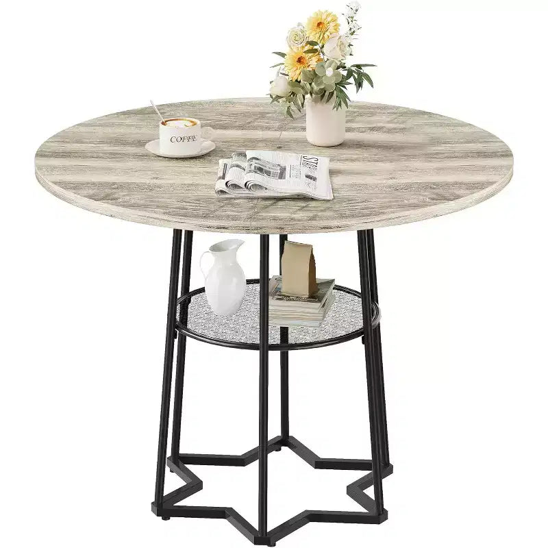 Table à manger piètement boucle en fer noir, 4 places, plateau marron/gris
