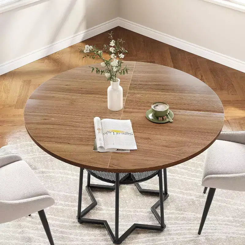 Table à manger piètement boucle en fer noir, 4 places, plateau marron/gris