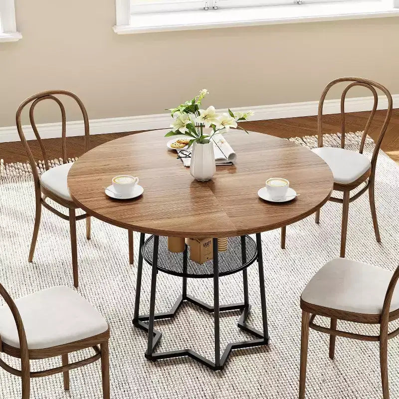 Table à manger piètement boucle en fer noir, 4 places, plateau marron/gris