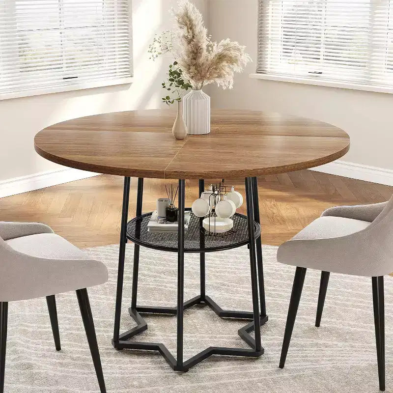 Table à manger piètement boucle en fer noir, 4 places, plateau marron/gris