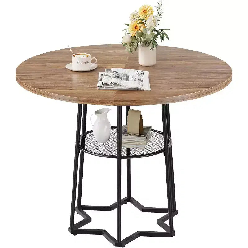 Table à manger piètement boucle en fer noir, 4 places, plateau marron/gris