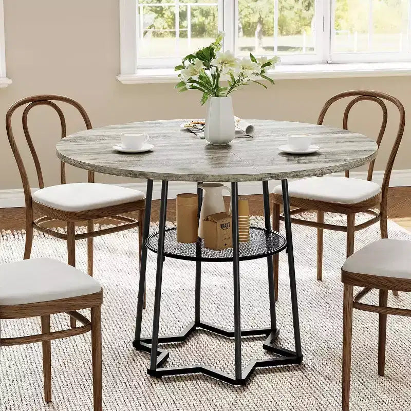 Black Iron Loop Leg Dining Table, Seats 4, Brown/Grey Top