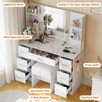 Coiffeuse avec miroir et lumières LED, table de maquillage à 7 tiroirs avec tabouret – Noir / Blanc / Blanc marbré