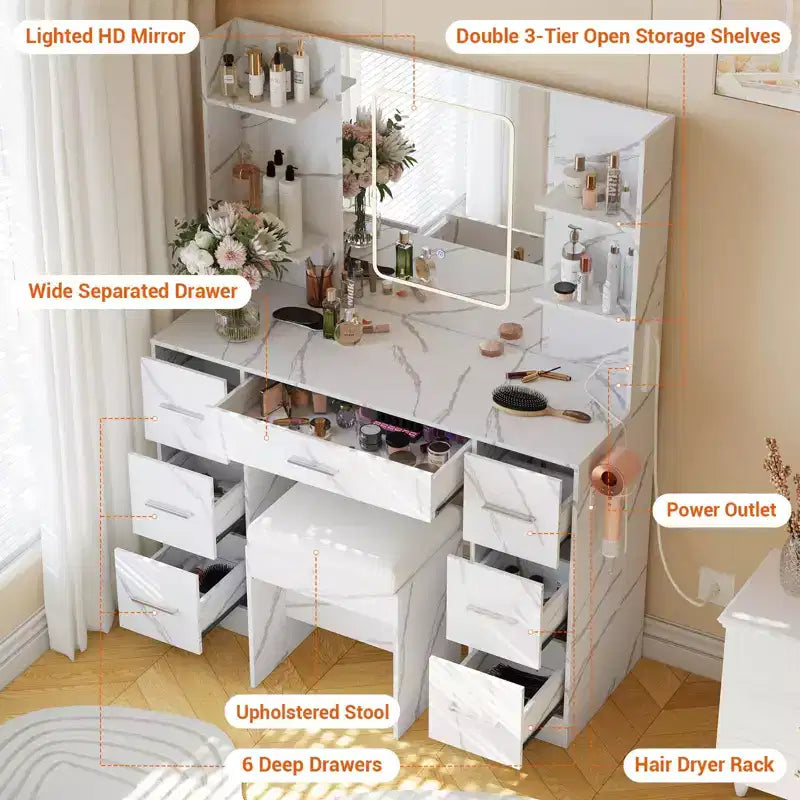 Coiffeuse avec miroir et lumières LED, table de maquillage à 7 tiroirs avec tabouret – Noir / Blanc / Blanc marbré