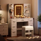 Coiffeuse avec miroir et lumières LED, table de maquillage à 7 tiroirs avec tabouret – Noir / Blanc / Blanc marbré