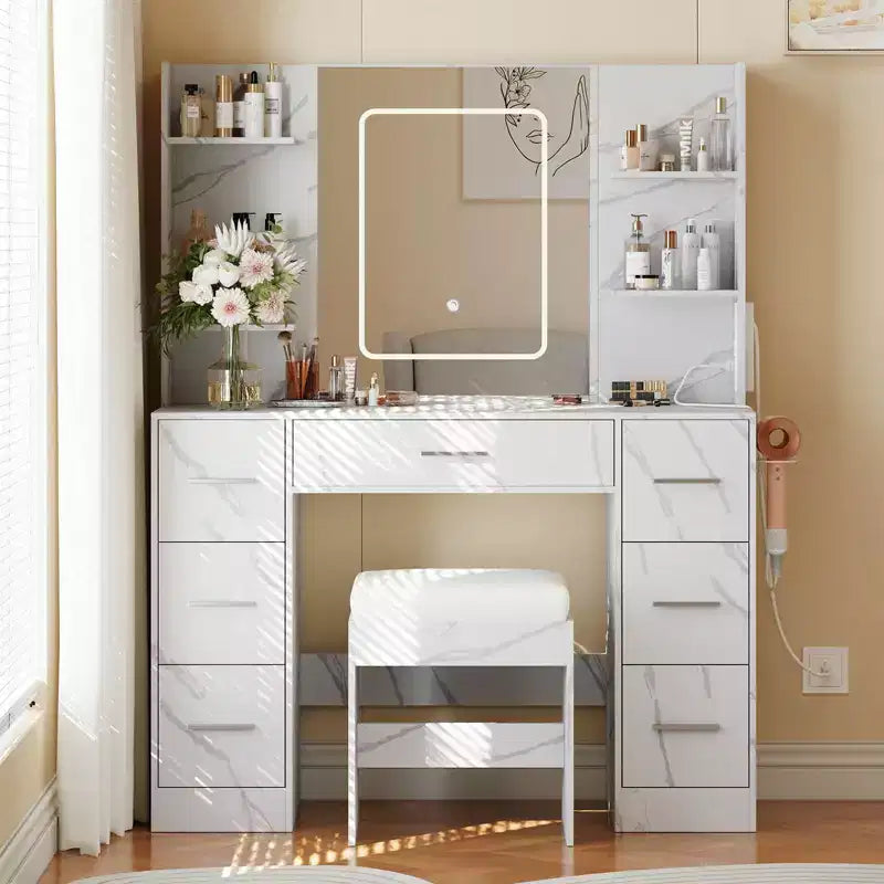 Coiffeuse avec miroir et lumières LED, table de maquillage à 7 tiroirs avec tabouret – Noir / Blanc / Blanc marbré