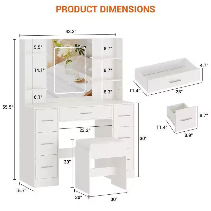 Coiffeuse avec miroir et lumières LED, table de maquillage à 7 tiroirs avec tabouret – Noir / Blanc / Blanc marbré